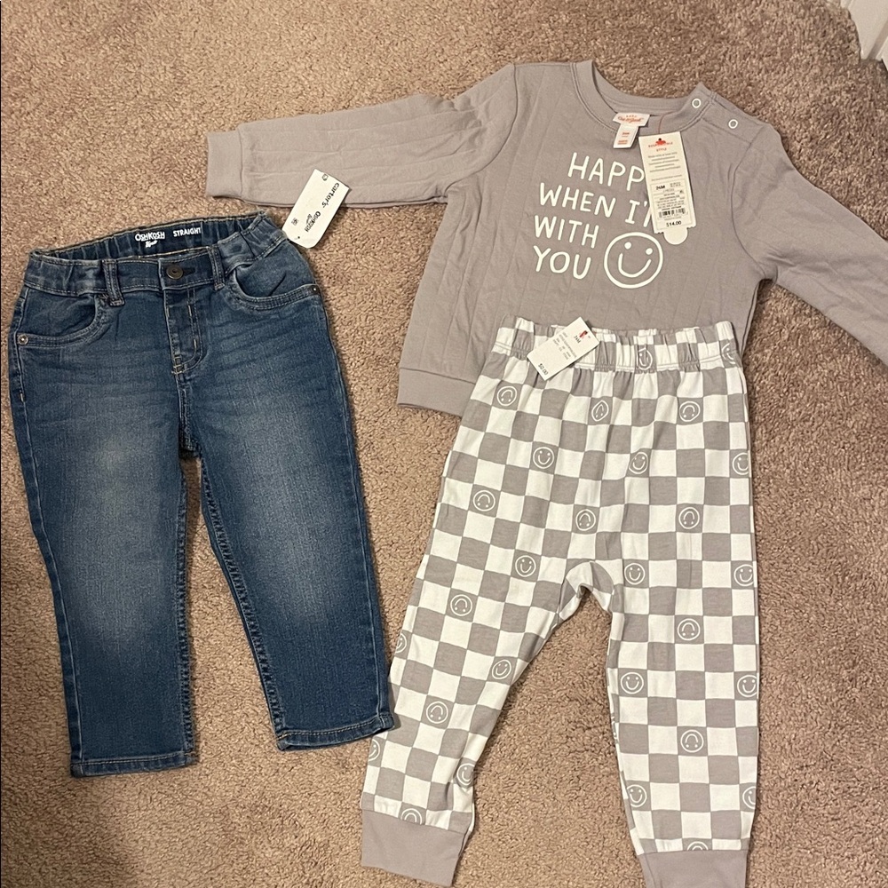 OshKosh B'gosh Blue Jeans and Gray Checkered Pants Set